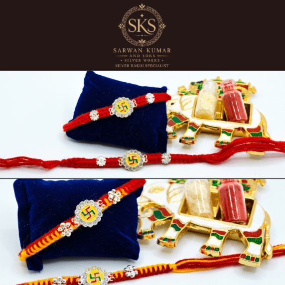SWASTIK 14 NAGINA (MOISSANITE) RED & SWASTIK 14 NAGINA (MOISSANITE) MULTI RAKHI