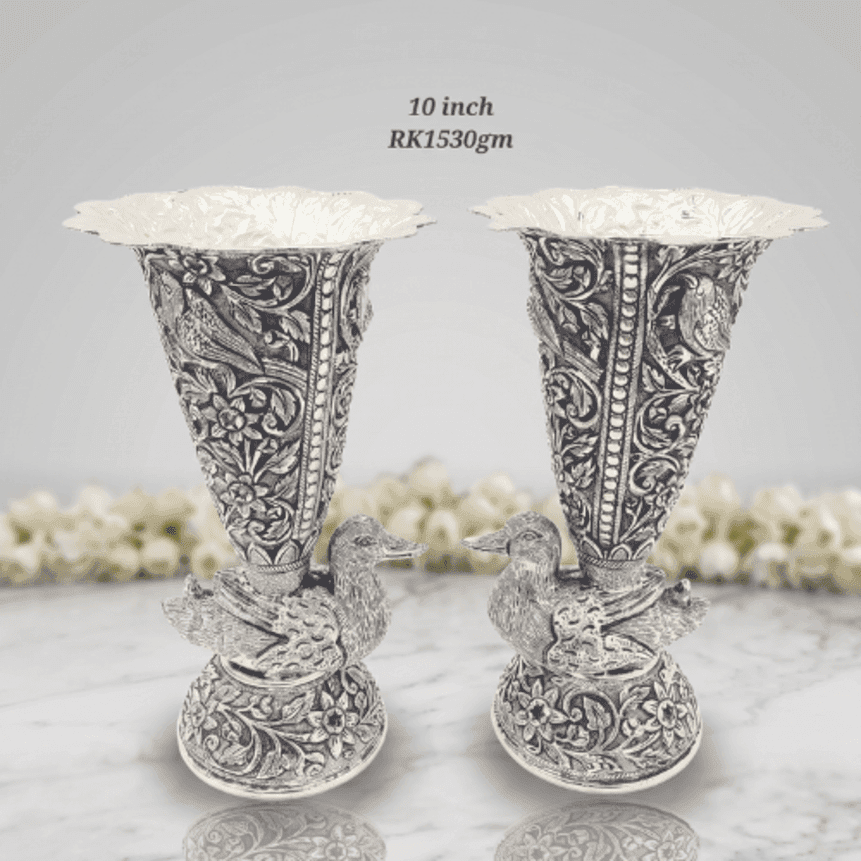 HANDCRAFTED 925 STERLING SILVER DUCK MOTIF FLOWER VASES (PAIR) – 10 INCH CHITAI WORK LUXURY DECOR