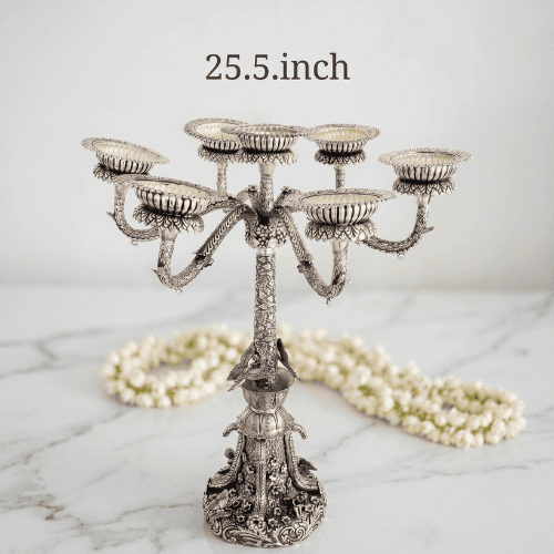 HANDCRAFTED 25.5" STERLING SILVER 7-BRANCH CANDELABRA – GRAND CHITAI WORK HERITAGE DIYA STAND