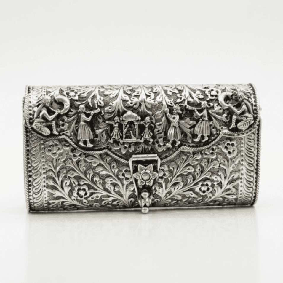 HANDCRAFTED 925 STERLING SILVER EVENING BAG – ANTIQUE CHITAI WORK PURSE