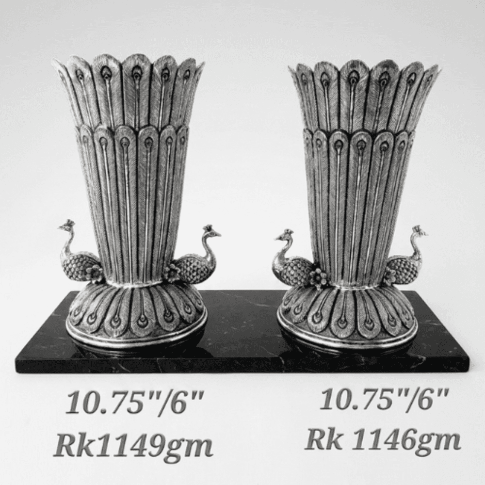 HANDCRAFTED 925 STERLING SILVER PEACOCK MOTIF VASES (PAIR) – 10.75" CHITAI WORK LUXURY DECOR