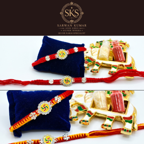 SWASTIK 14 NAGINA (MOISSANITE) RED & SWASTIK 14 NAGINA (MOISSANITE) MULTI RAKHI